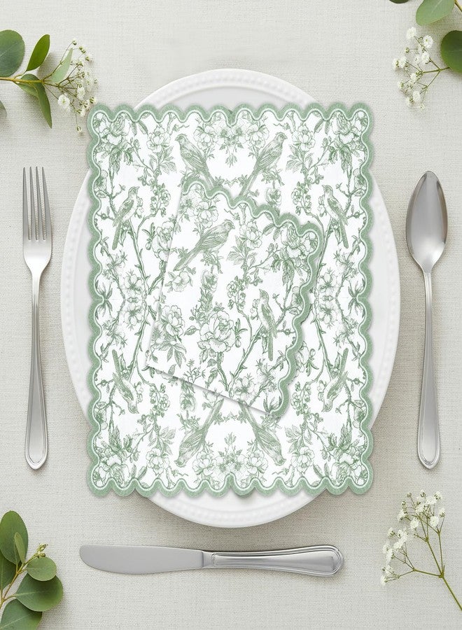 NatNarr 100 Pcs Sage Green Floral Napkins, Scalloped Birds Floral Napkins Disposable Dessert Cocktail Napkin Vintage Decorative Napkin for Decoupage,Bridal Baby Shower,Wedding - Image 4